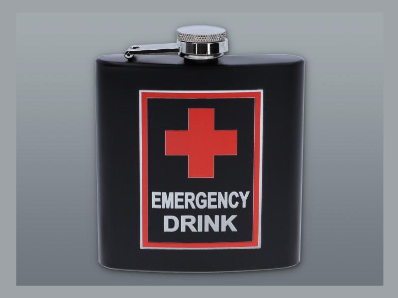 Matt fekete színű rozsdamentes acél flaska, laposüveg 6 oz. = 1.77 dl - Emergency Drink felirattal